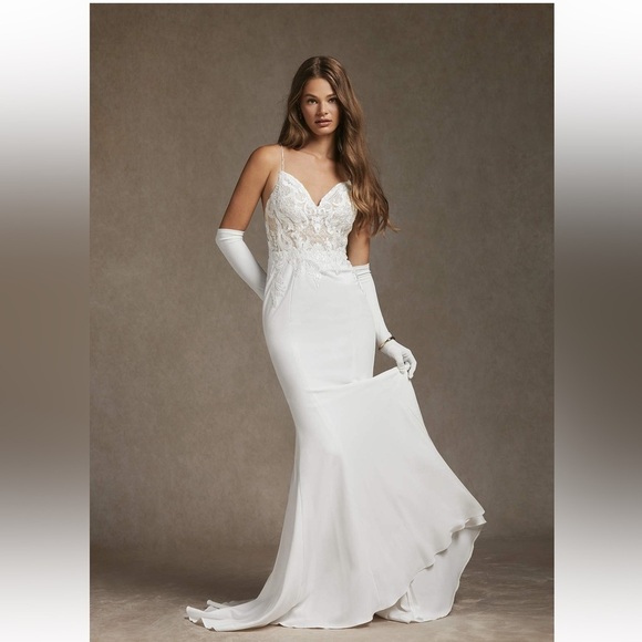 New AZAZIE SAFFRON Diamond White Champagne Mermaid Sweetheart Sequin Crepe Dress - Picture 6 of 16